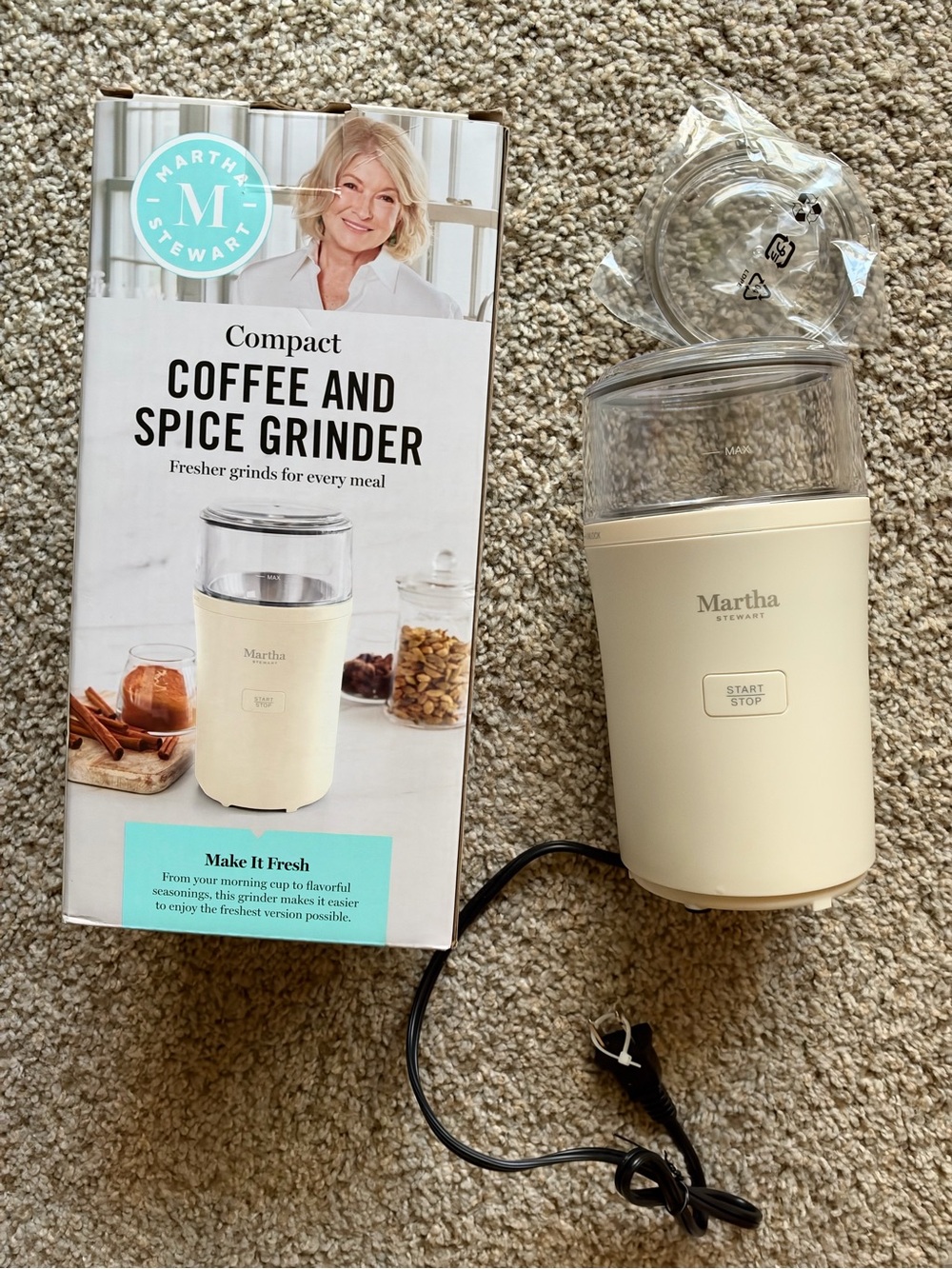 Martha Stewart Cream Electric Coffee & Spice Grinder with Clear Removable Lid